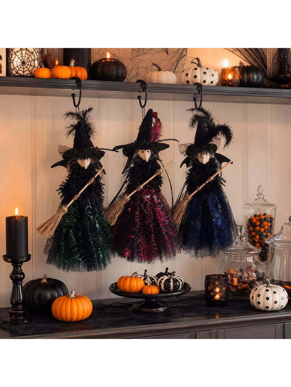 3pcs Gothic Witch Ornament with Faux Feather Hat & Shimmering Spiderweb Dress